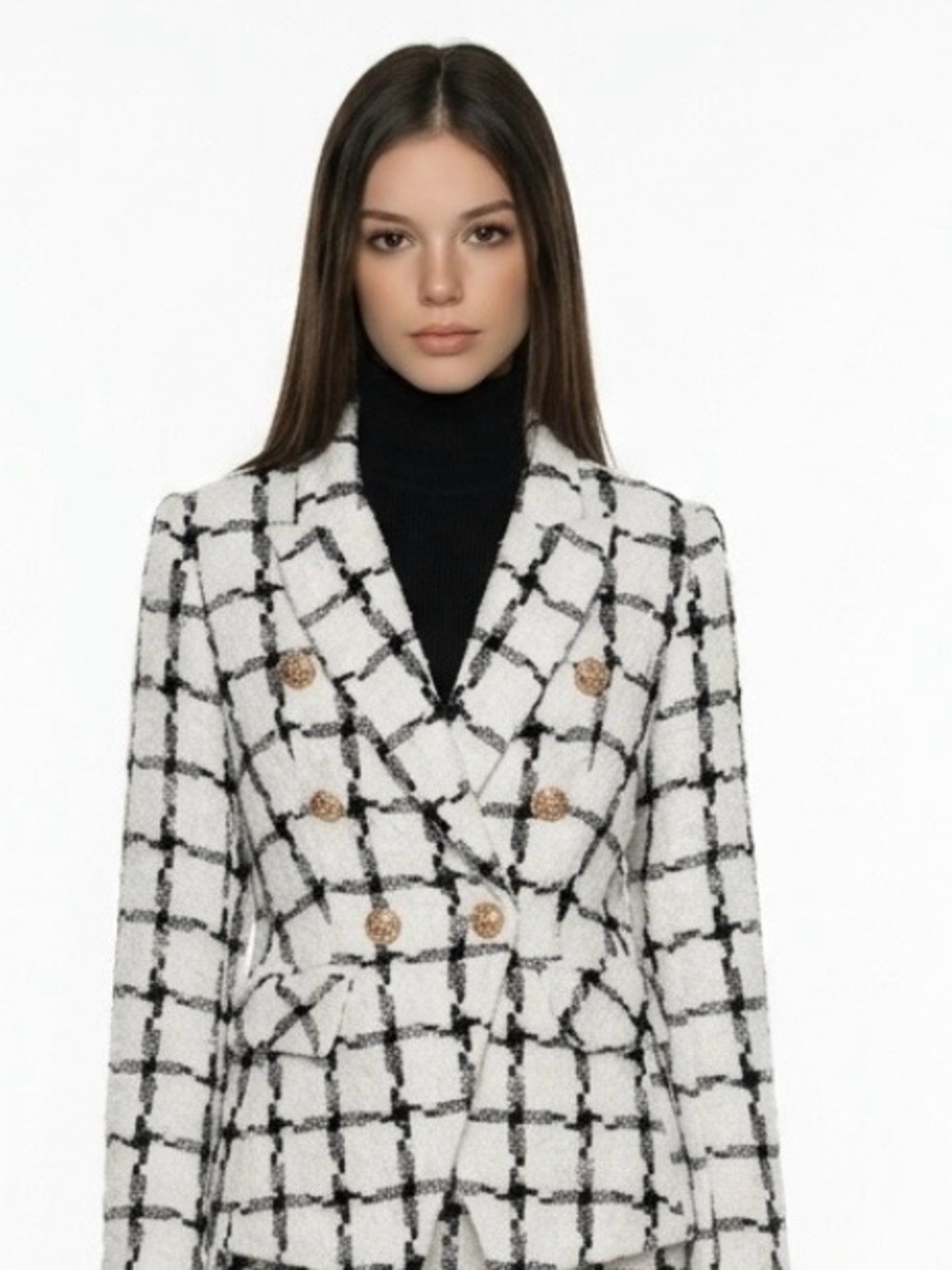 Checked Double-Breasted Bouclé Blazer Jacket - White/Black